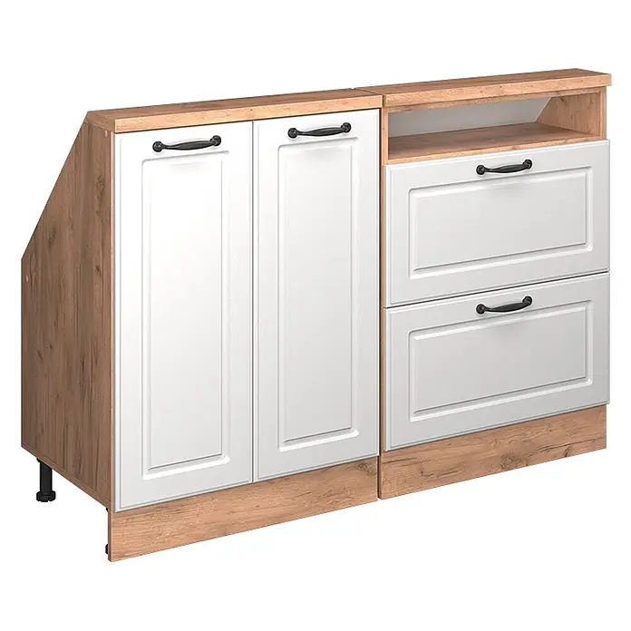 Vicco Schrankküche R-Line Weiß Landhaus 2er Set - Weiß Landhaus, Dachschrägenzeile 120cm - Modulküchenunterschrank mit weißen Türen und Schubladen, Holzoptik-Oberseite und Seiten, schwarzen Griffen.