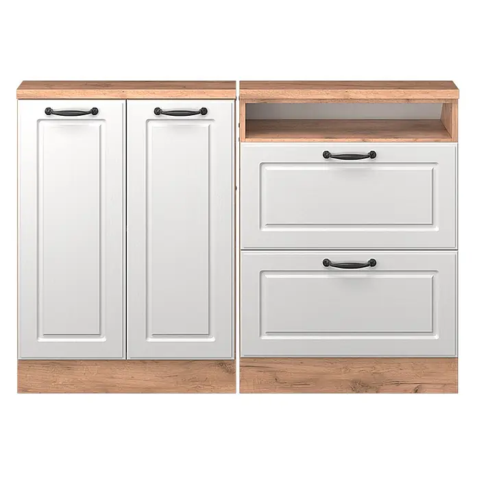 Vicco Schrankküche R-Line Weiß Landhaus 2er Set - Weiß Landhaus, Dachschrägenzeile 120cm - Weißes Schranksystem mit zwei Türen, zwei Schubladen, offener Ablage und Holzplatte/Sockel, mit schwarzen Griffen.
