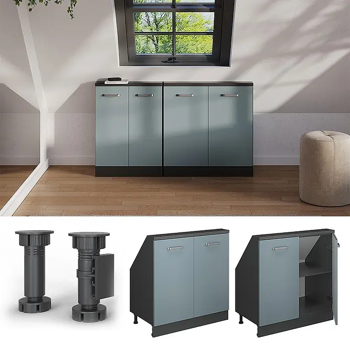Vicco Küchenschrank für Dachschrägen R-Line, Blau-Grau, 80 cm -  - Zwei hellblau-graue Schrankschränke mit dunkelgrauen Platten und Sockeln, für Dachschrägen konzipiert. Metallgriffe und verstellbare Füße gezeigt.