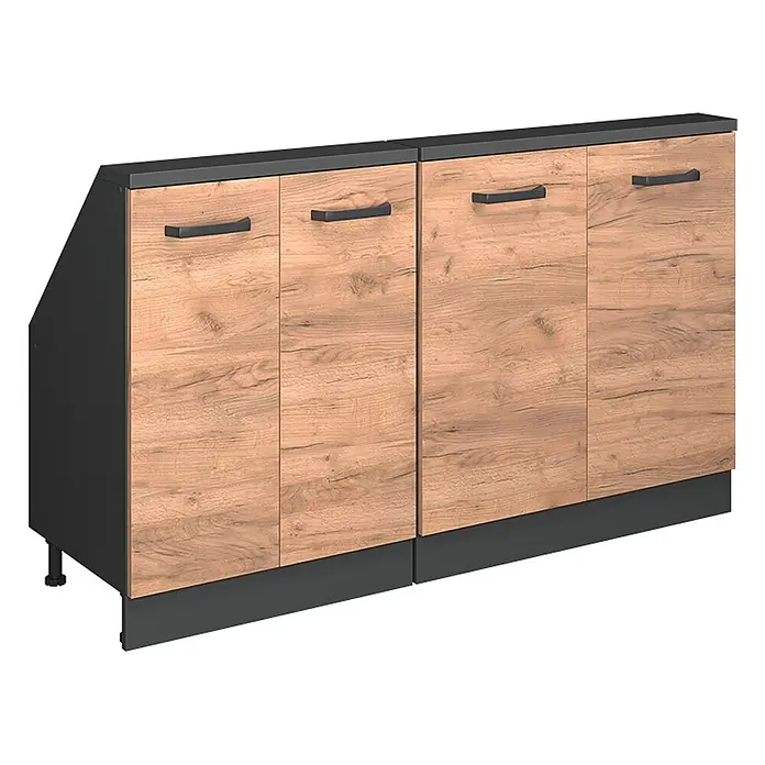 Vicco Schrankküche R-Line Goldkraft Eiche 2er Set - Goldkraft Eiche, Dachschrägenzeile 140cm - Holzoptik-Schrank mit vier Türen, dunkelgrauer Platte, Griffen und Sockel.