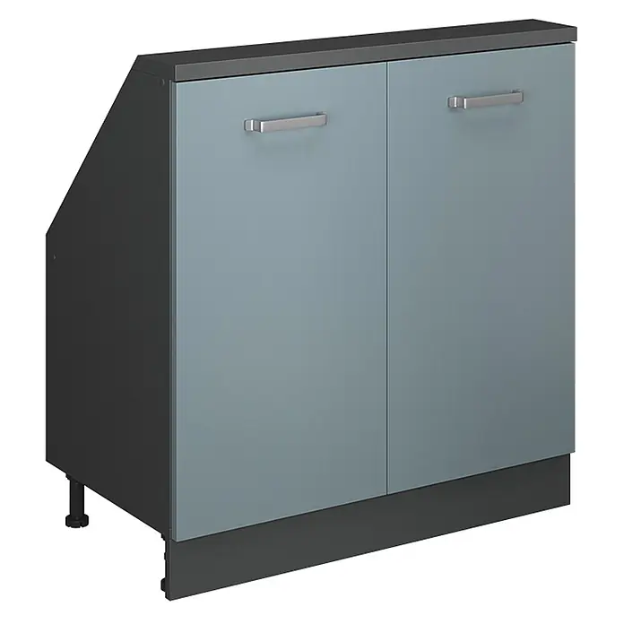 Vicco Küchenschrank für Dachschrägen R-Line, Blau-Grau, 80 cm -  - Zweitüriger Schrank mit hellblau-grauen Türen, dunkelgrauem Korpus, silbernen Griffen, abgeschrägter linker Seite und Sockel.