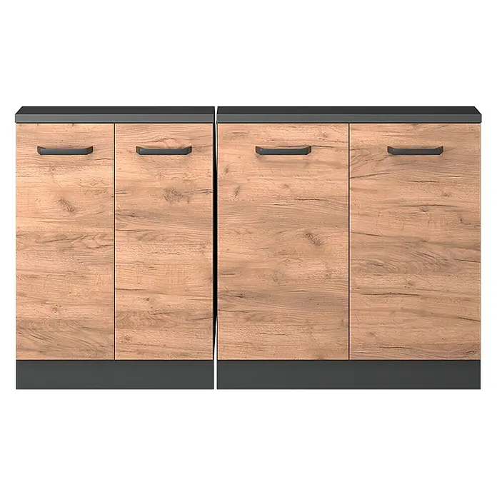Vicco Schrankküche R-Line Goldkraft Eiche 2er Set - Goldkraft Eiche, Dachschrägenzeile 140cm - Zwei modulare Unterschränke mit hellen Holzmaserungstüren, dunkler Arbeitsplatte, Sockel und Griffen.