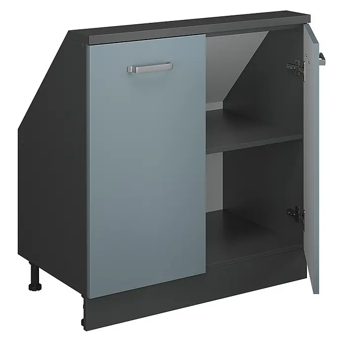 Vicco Küchenschrank für Dachschrägen R-Line, Blau-Grau, 80 cm -  - Abgewinkelter dunkelgrauer Schrank mit hellblauer Tür und silbernem Griff. Eine Tür ist offen und zeigt zwei dunkelgraue Regalböden.