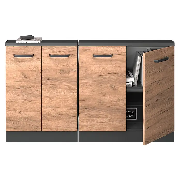 Vicco Schrankküche R-Line Goldkraft Eiche 2er Set - Goldkraft Eiche, Dachschrägenzeile 140cm - Stauraumschrank in Holzoptik mit dunkelgrauer Platte und Sockel. Eine Tür ist offen und zeigt Bücher im Inneren.