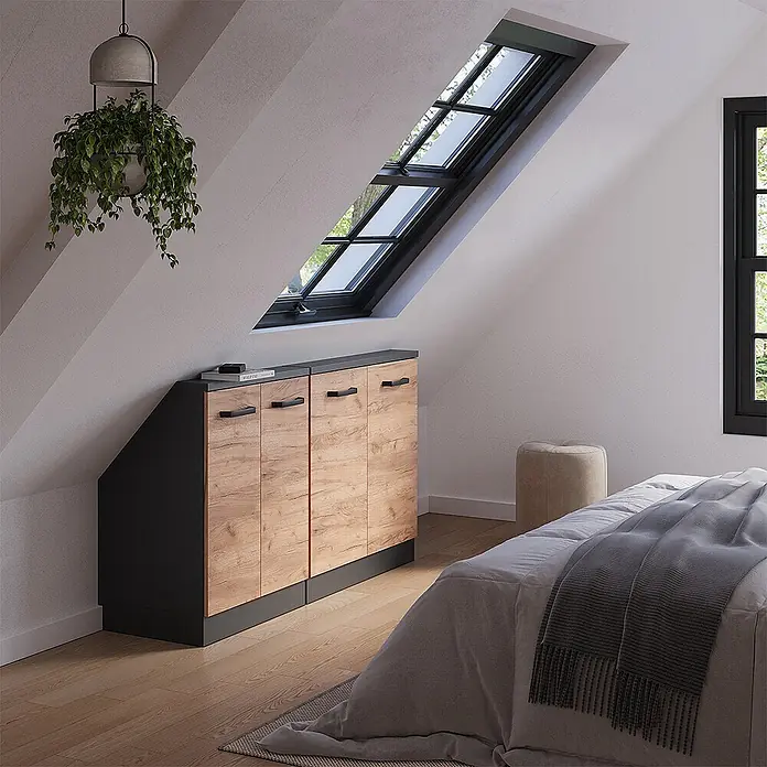 Vicco Schrankküche R-Line Goldkraft Eiche 2er Set - Goldkraft Eiche, Dachschrägenzeile 140cm - Dachschrägen-Aufbewahrungsschrank mit schwarzem Rahmen und hellen Holztüren.