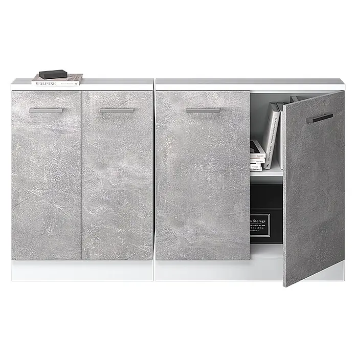 Vicco Schrankküche R-Line Beton 2er Set - Beton, Dachschrägenzeile 140cm - Grauer Schrank in Betonoptik mit weißer Ober- und Unterseite. Ein Fach offenbart Bücher und eine schwarze Aufbewahrungsbox.
