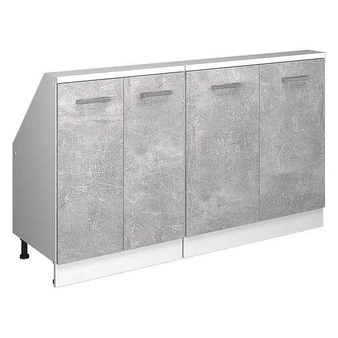 Vicco Schrankküche R-Line Beton 2er Set - Beton, Dachschrägenzeile 140cm - Modularer Unterschrank mit grauen Türen in Betonoptik, weißer Platte und Sockelleiste sowie silbernen Griffen.