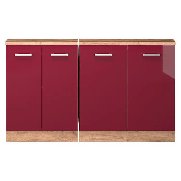 Vicco Küchenschrank für Dachschrägen R-Line, Rot Hochglanz, 140 cm -  - Zwei moderne, hochglänzende rote Sideboards mit Holzplatten, -sockeln und silbernen Griffen.