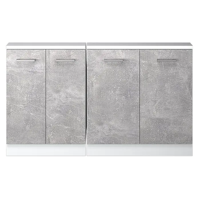 Vicco Schrankküche R-Line Beton 2er Set - Beton, Dachschrägenzeile 140cm - Zwei graue Schränke mit Beton-Effekt, je zwei Türen, weißer Ober- und Unterseite und silbernen Griffen.