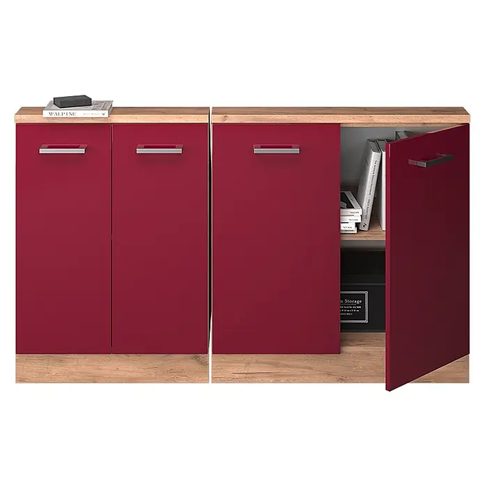 Vicco Küchenschrank für Dachschrägen R-Line, Rot Hochglanz, 140 cm -  - Roter Schrank mit Holzplatte und -sockel, silbernen Griffen. Eine Tür offenbart Innenregale mit Büchern und einer Aufbewahrungsbox.