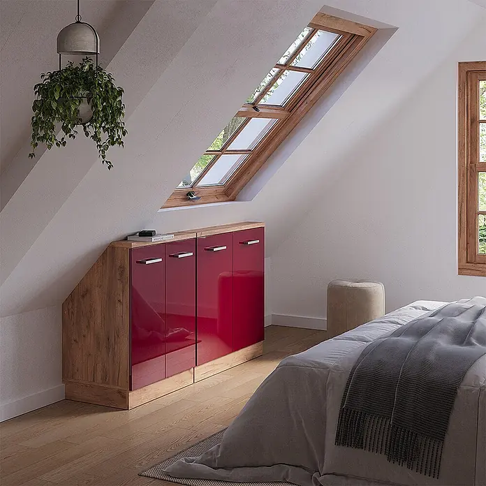 Vicco Küchenschrank für Dachschrägen R-Line, Rot Hochglanz, 140 cm -  - Maßgefertigter Dachschrägenschrank mit glänzenden roten Türen und Holzrahmen.