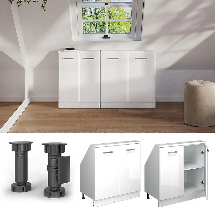 Vicco Schrankküche R-Line Weiß Hochglanz mit 2 Türen - Weiß Hochglanz, Dachschrägenschrank 80cm - Weiße Hochglanz-Dachschrägenschränke mit abgeschrägter Oberseite, gezeigt mit verstellbaren Nivellierfüßen, für Dachgeschosse.