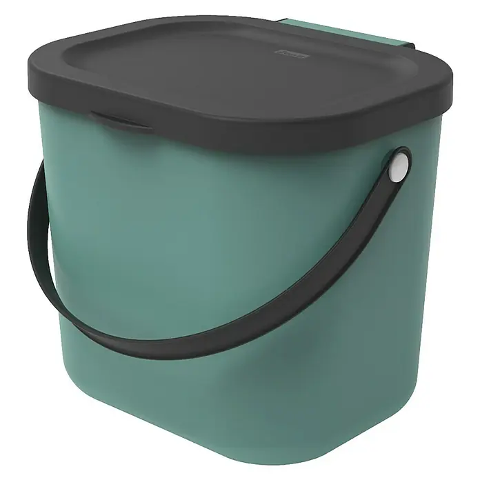 Rotho Albula Mülltrennsystem - 6 l, Kunststoff, Mistletoe Grün - Ein grüner Kompostbehälter mit schwarzem Deckel und Griff, ideal für die Küchenabfälle. Der Behälter ist perfekt für die umweltfreundliche Entsorgung.