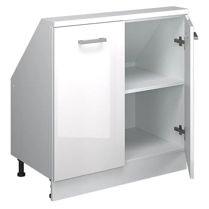 Vicco Schrankküche R-Line Weiß Hochglanz mit 2 Türen - Weiß Hochglanz, Dachschrägenschrank 80cm - Weißer Hochglanz-Unterschrank mit abgeschrägter linker Seite, einer offenen Tür, verstellbarem Regal und silbernem Griff.