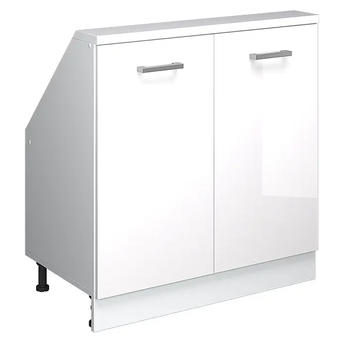 Vicco Schrankküche R-Line Weiß Hochglanz mit 2 Türen - Weiß Hochglanz, Dachschrägenschrank 80cm - Weißer Hochglanz-Unterschrank mit zwei Türen, silbernen Griffen und schräger linker Seite, ideal für Stauraum unter der Treppe.