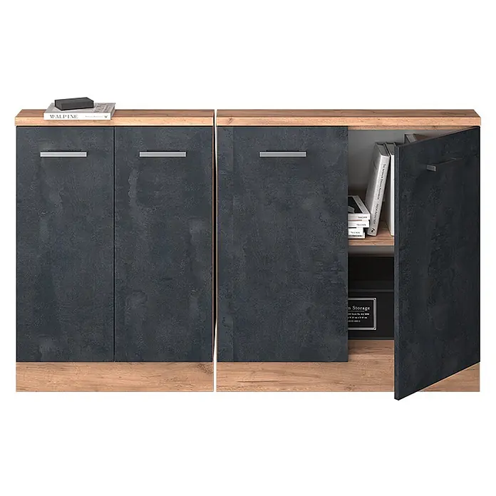 Vicco Küchenschrank für Dachschrägen R-Line, Schwarz Beton, 140 cm -  - Sideboard mit zwei dunkelgrauen Türen und heller Holzplatte und -sockel. Eine Tür ist offen und zeigt Bücher und eine schwarze Aufbewahrungsbox.