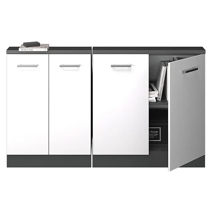 Vicco Schrankküche R-Line Weiß Hochglanz 2er Set - Weiß Hochglanz, Dachschrägenzeile 140cm - Modulares Schrank-Set in Weiß und Dunkelgrau mit Metallgriffen. Zwei weiße Türen sind geschlossen, eine graue Tür ist offen und zeigt Bücher.