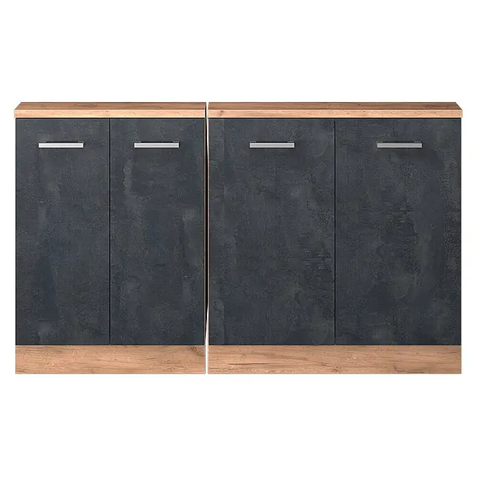 Vicco Küchenschrank für Dachschrägen R-Line, Schwarz Beton, 140 cm -  - Zwei dunkelgraue Sideboards mit Holzoptik-Oberflächen und -Sockeln sowie silbernen Griffen.