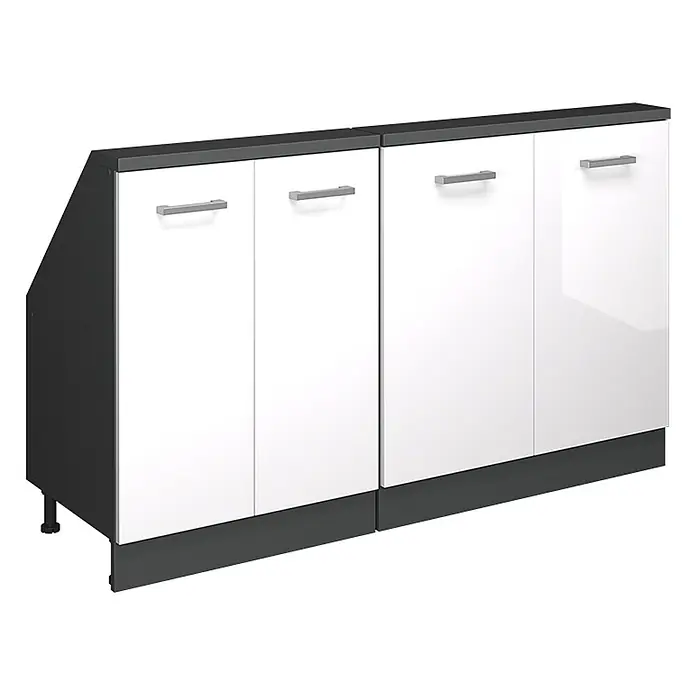 Vicco Schrankküche R-Line Weiß Hochglanz 2er Set - Weiß Hochglanz, Dachschrägenzeile 140cm - Weiß-dunkelgraues Modulschranksystem mit schräger linker Seite, silbernen Griffen und verstellbaren Füßen für vielseitigen Stauraum.