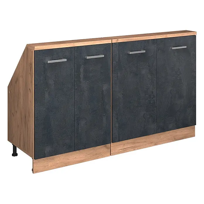 Vicco Küchenschrank für Dachschrägen R-Line, Schwarz Beton, 140 cm -  - Zweiteiliger dunkelgrauer Schrank mit Holzoptik-Elementen und silbernen Griffen. Linker Teil abgeschrägt, mit verstellbaren Füßen, ideal als Küchenunterschrank.