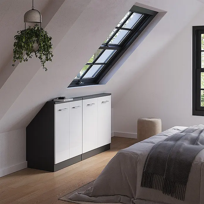 Vicco Schrankküche R-Line Weiß Hochglanz 2er Set - Weiß Hochglanz, Dachschrägenzeile 140cm - Dachschrägenschrank mit weißen Türen und dunkelgrauer Platte, integriert im Dachschlafzimmer.
