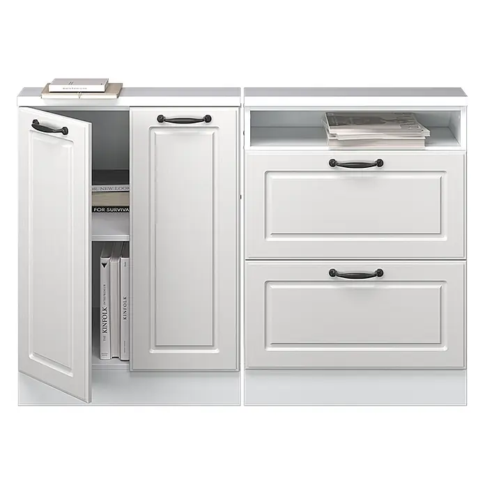 Vicco Schrankküche R-Line Weiß Landhaus 2er Set - Weiß Landhaus, Dachschrägenzeile 120cm - Weißes Aufbewahrungsmöbel mit Türen, Schubladen und offenem Fach. Mit Zierpaneelen und schwarzen Griffen.