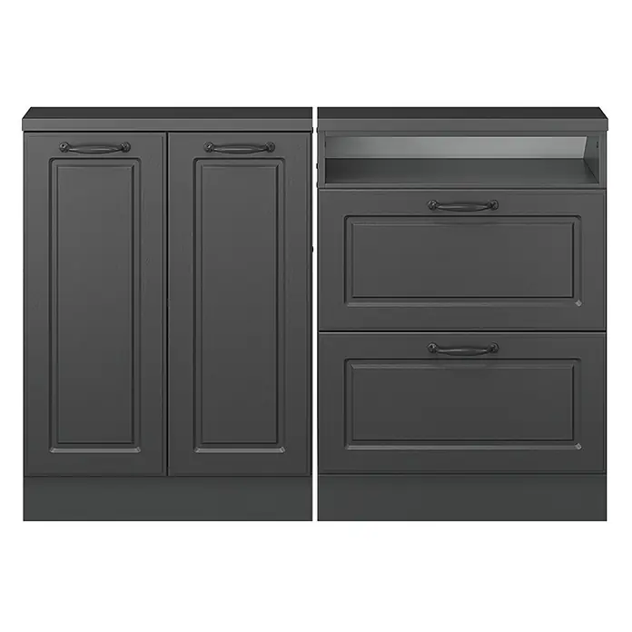 Vicco Schrankküche R-Line Anthrazit Landhaus 2er Set - Anthrazit Landhaus, Dachschrägenzeile 120cm - Dunkelgraues modulares Schranksystem mit Kassettentüren, Schubladen und offenem Fach.