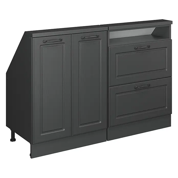 Vicco Schrankküche R-Line Anthrazit Landhaus 2er Set - Anthrazit Landhaus, Dachschrägenzeile 120cm - Dunkelgrauer modularer Küchenunterschrank mit zwei Türen, einem offenen Fach und zwei Schubladen, mit klassischen Paneelfronten und Metallgriffen.