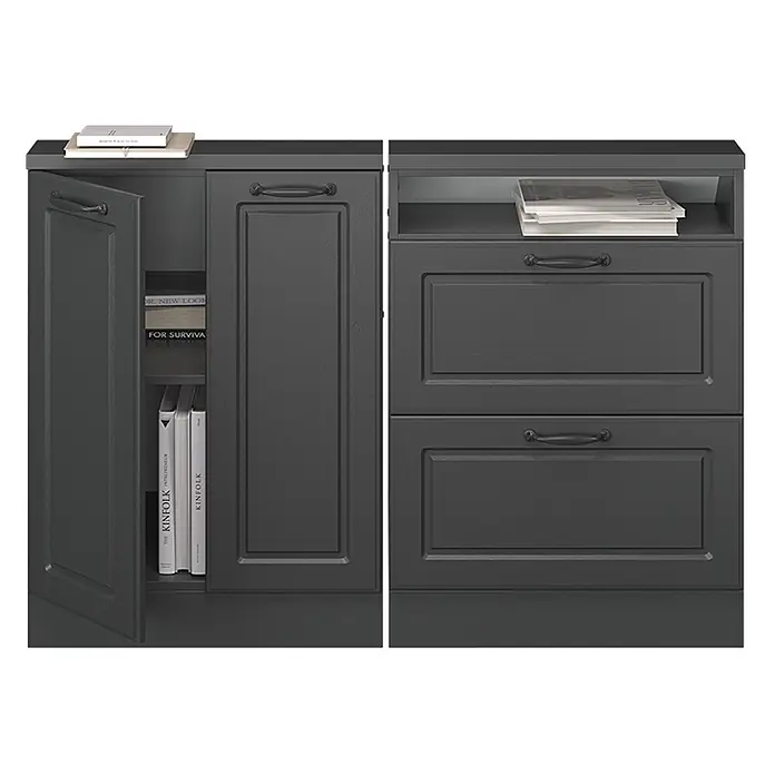 Vicco Schrankküche R-Line Anthrazit Landhaus 2er Set - Anthrazit Landhaus, Dachschrägenzeile 120cm - Dunkelgraues Holz-Aufbewahrungsmöbel mit vertieften Paneelen. Hat Türen, Schubladen und ein offenes Fach mit Büchern/Zeitschriften. Dunkle Griffe.