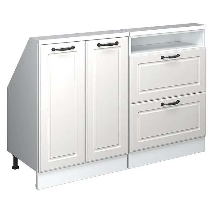 Vicco Schrankküche R-Line Weiß Landhaus 2er Set - Weiß Landhaus, Dachschrägenzeile 120cm - Weißer Küchenunterschrank mit zwei Türen, einem offenen Regal und zwei Schubladen, mit schwarzen Griffen.