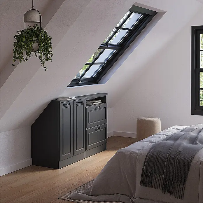 Vicco Schrankküche R-Line Anthrazit Landhaus 2er Set - Anthrazit Landhaus, Dachschrägenzeile 120cm - Dunkelgrauer Dachschrägenschrank mit Türen und Schubladen, maßgefertigt für ein Dachzimmer.