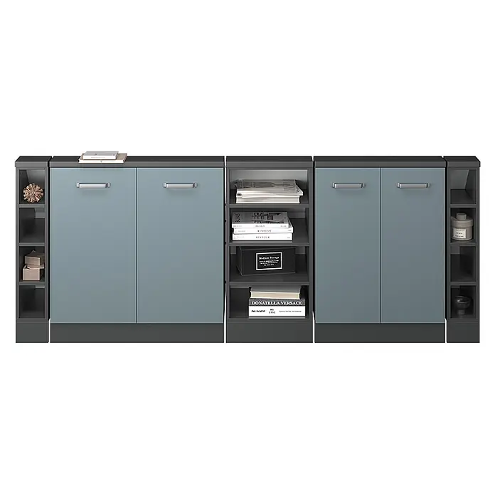 Vicco Schrankküche R-Line Blau-Grau 5er Set - Blau-Grau, Dachschrägenzeile 210cm - Modulares blau-graues und dunkelgraues Aufbewahrungsmöbel mit offenen und geschlossenen Fächern.