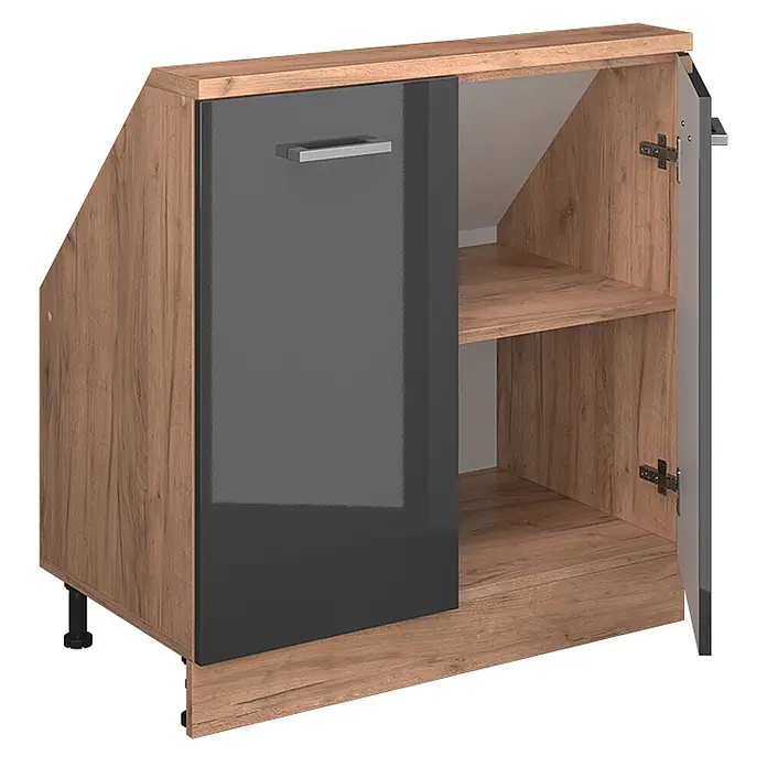 Vicco Schrankküche R-Line Anthrazit Hochglanz mit 2 Türen - Anthrazit Hochglanz, Dachschrägenschrank 80cm - Braunfarbener Holzoptik-Schrank mit dunkelgrauer Hochglanztür, schräg für Stauraum unter Treppen mit Innenfächern.