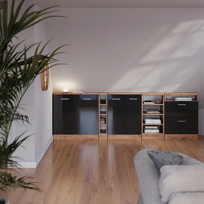 Vicco Schrankküche R-Line Anthrazit Hochglanz mit 2 Türen - Anthrazit Hochglanz, Dachschrägenschrank 80cm - Modulare Aufbewahrungsmöbel mit schwarzen Türen/Schubladen und Holzdekorrahmen für vielfältige Stauraumoptionen im Wohnbereich.