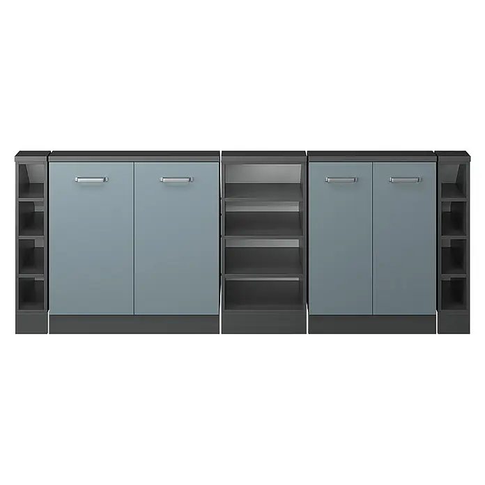 Vicco Schrankküche R-Line Blau-Grau 5er Set - Blau-Grau, Dachschrägenzeile 210cm - Modulares Stauraumschranksystem mit blaugrauen Türen und dunkelgrauen offenen Regalen.
