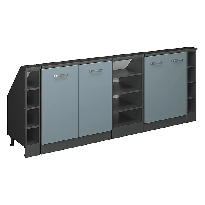 Vicco Schrankküche R-Line Blau-Grau 5er Set - Blau-Grau, Dachschrägenzeile 210cm - Modulares, dunkelgraues Sideboard mit hellblaugrauen Türen und offenen Regalfächern, inklusive schräger Endsektion mit verstellbaren Füßen.