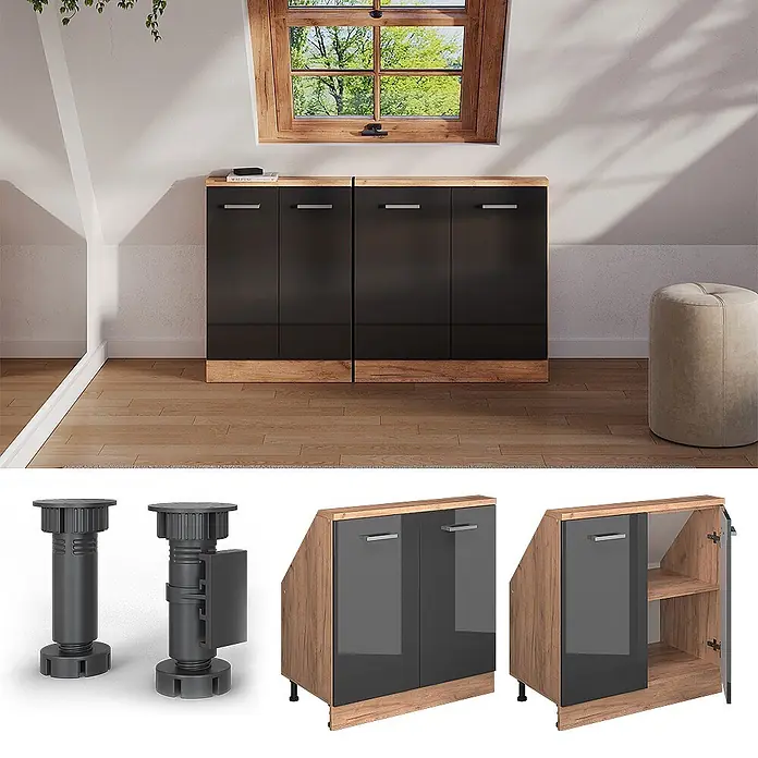 Vicco Schrankküche R-Line Anthrazit Hochglanz mit 2 Türen - Anthrazit Hochglanz, Dachschrägenschrank 80cm - Modulare Dachschrägenschränke in Schwarz und Holzoptik mit abgeschrägten Oberseiten, ideal für Dachschrägen. Inkl. verstellbarer Füße und Innenansichten.