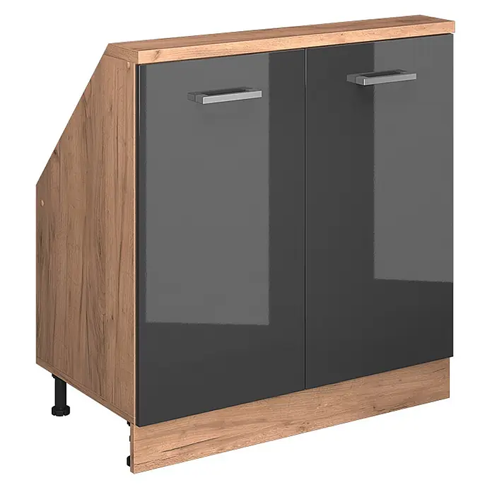 Vicco Schrankküche R-Line Anthrazit Hochglanz mit 2 Türen - Anthrazit Hochglanz, Dachschrägenschrank 80cm - Dunkelgrauer Hochglanz-Eckunterschrank mit Holzoptikrahmen und -platte, zwei Türen und silbernen Griffen.