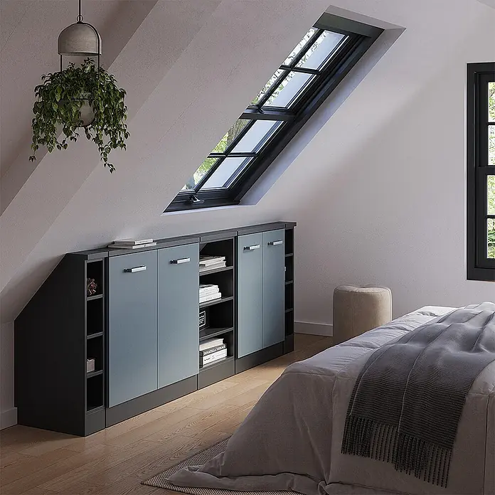 Vicco Schrankküche R-Line Blau-Grau 5er Set - Blau-Grau, Dachschrägenzeile 210cm - Maßgefertigtes Dachschrägen-Schranksystem mit blauen Türen und dunkelgrauen Rahmen, ideal für Dachfenster-Bereiche.