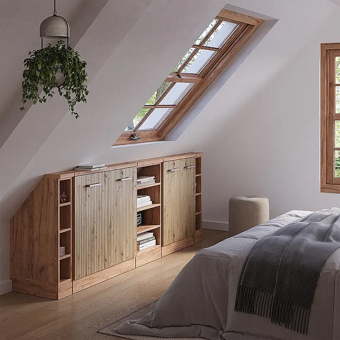 Vicco Schrankküche R-Line Artisan-Eiche 5er Set - Artisan-Eiche, Dachschrägenzeile 210cm - Modulare Aufbewahrungseinheit aus Holz mit geriffelten Türen und offenen Fächern, passend für Dachschrägen.