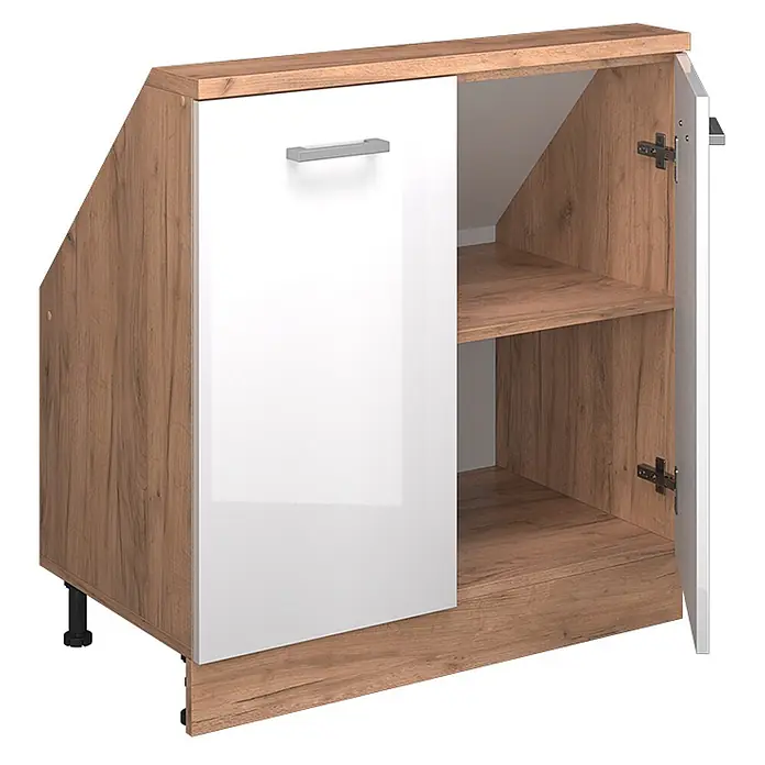 Vicco Schrankküche R-Line Weiß Hochglanz mit 2 Türen - Weiß Hochglanz, Dachschrägenschrank 80cm - Modernes Sideboard in Holzoptik mit glänzender weißer Tür, schräger Seite, offenen Regalen und verstellbaren Füßen.