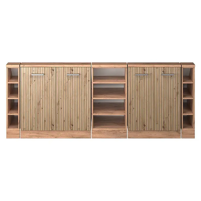 Vicco Schrankküche R-Line Artisan-Eiche 5er Set - Artisan-Eiche, Dachschrägenzeile 210cm - Modulares Schrankwandsystem aus hellem Holz mit gerillten Türen, Metallgriffen und integrierten offenen Regalen.