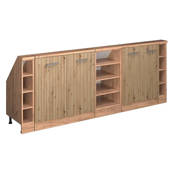 Vicco Schrankküche R-Line Artisan-Eiche 5er Set - Artisan-Eiche, Dachschrägenzeile 210cm - Modulare helle Holzkommode mit Lamellentüren, offenen Fächern, abgewinkelten Endstücken und silbernen Griffen.