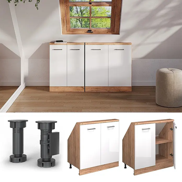 Vicco Schrankküche R-Line Weiß Hochglanz mit 2 Türen - Weiß Hochglanz, Dachschrägenschrank 80cm - Weiße und hellholzfarbene Schrägschränke für Dachschrägen, mit verstellbaren Füßen.