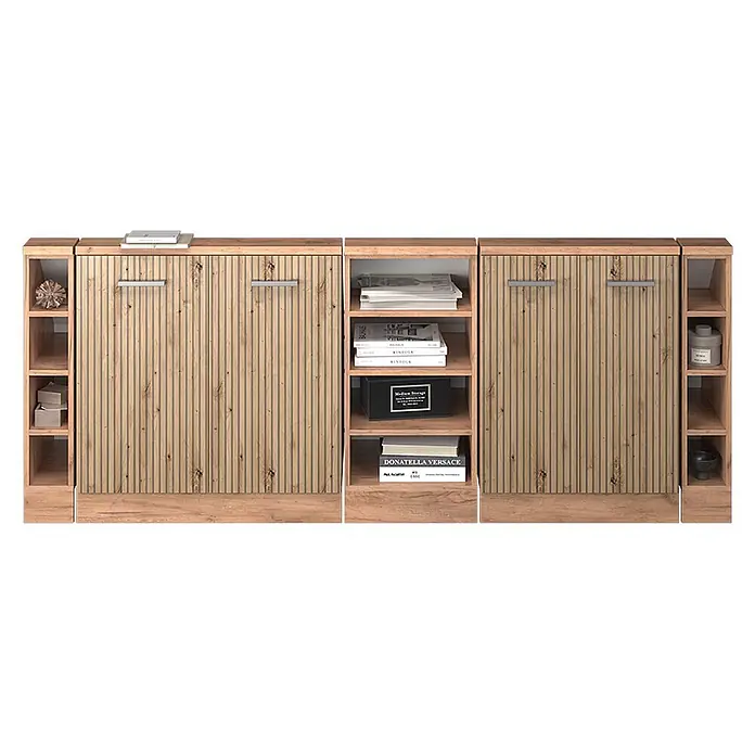 Vicco Schrankküche R-Line Artisan-Eiche 5er Set - Artisan-Eiche, Dachschrägenzeile 210cm - Modernes modulare Stauraum-Möbel aus hellem Holz mit Lamellentüren und integrierten offenen Regalen.