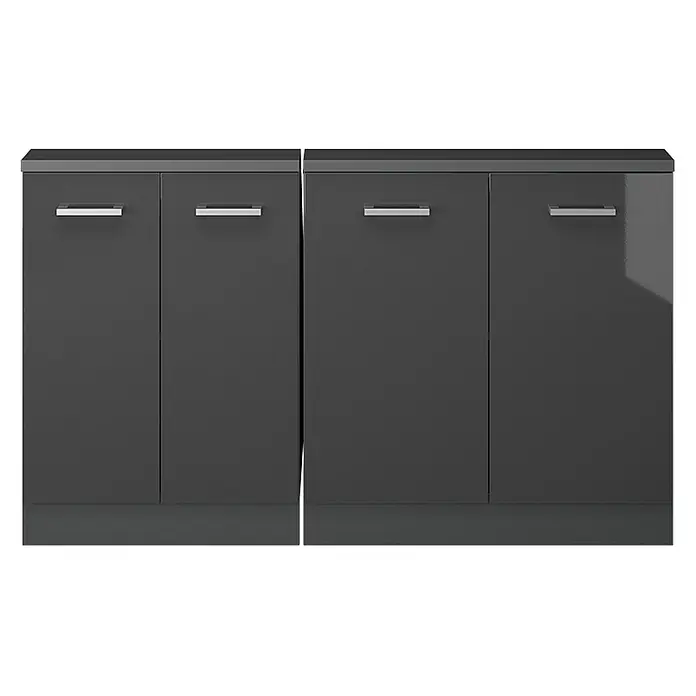 Vicco Küchenleerblock R-Line Anthrazit Hochglanz 2er Set - Breite: 140 cm, Anthrazit Hochglanz - Zwei dunkelgraue Hochglanzschränke, jeweils mit zwei Türen und silbernen Griffen.