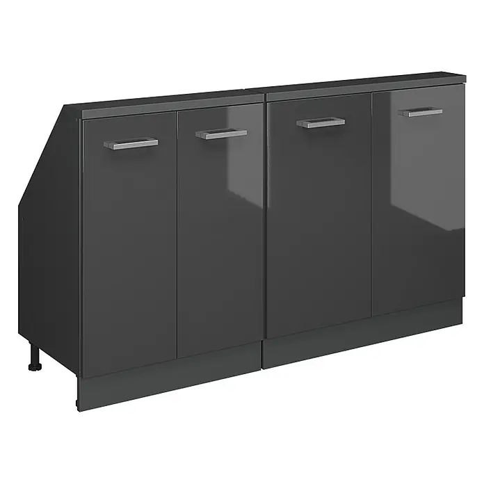 Vicco Küchenleerblock R-Line Anthrazit Hochglanz 2er Set - Breite: 140 cm, Anthrazit Hochglanz - Glänzender anthrazitfarbener Unterschrank mit vier Türen und silbernen Griffen, mit abgewinkelter linker Seite und verstellbaren Füßen.
