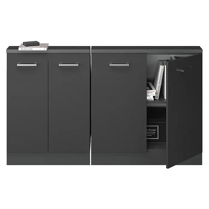 Vicco Küchenleerblock R-Line Anthrazit Hochglanz 2er Set - Breite: 140 cm, Anthrazit Hochglanz - Dunkelgrauer zweiteiliger Schrank mit Metallgriffen, eine Tür offen zeigt Bücher und eine Aufbewahrungsbox.