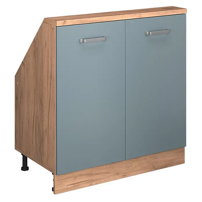 Vicco Schrankküche R-Line Blau-Grau mit 2 Türen - Blau-Grau, Dachschrägenschrank 80cm - Zweitüriger Unterschrank mit heller Holzoptik, blaugrauen Türen, silbernen Griffen, abgeschrägter Seite und verstellbaren Füßen.
