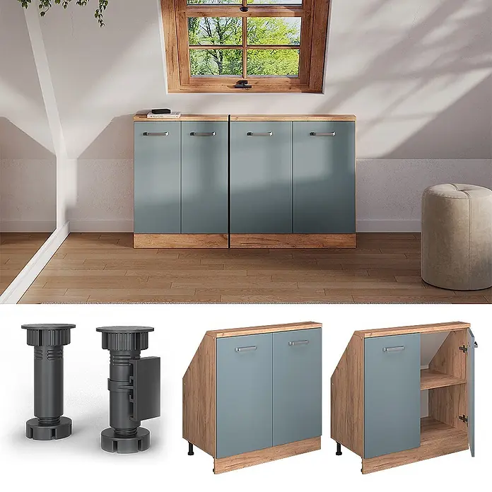 Vicco Schrankküche R-Line Blau-Grau mit 2 Türen - Blau-Grau, Dachschrägenschrank 80cm - Modulare blau-graue und Holzschränke mit abgeschrägter Rückseite, für Dachschrägen konzipiert, mit verstellbaren Füßen und offenen Regalen.